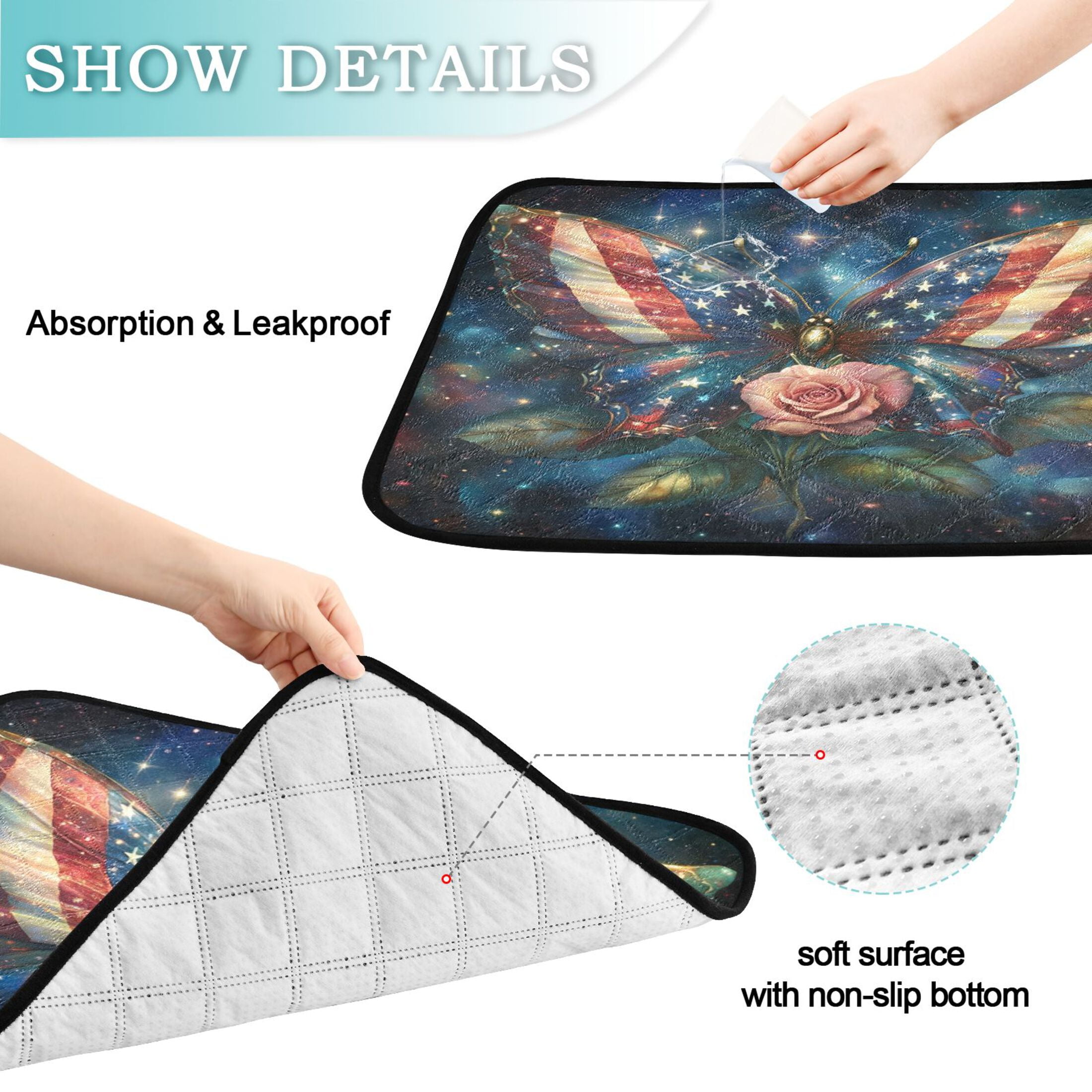 Qxltty American Flag Butterfly Cat litter Pads Pet Set of 3 Diaper Mats Center Anti-leakage Layer Absorbent Soft and Comfortable