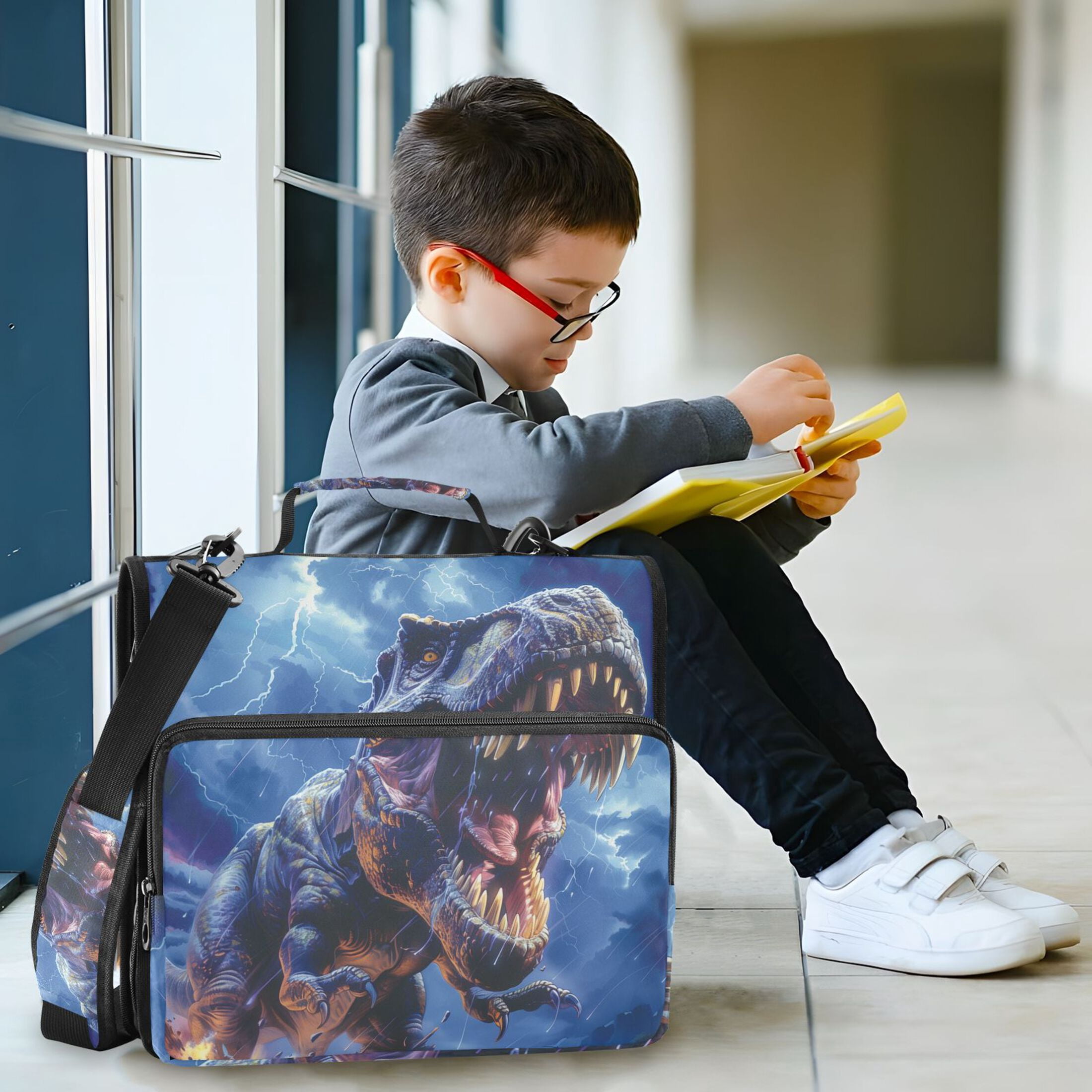 3 Ring Zipper Binder with Shoulder Strap Waterproof Trapper Keeper 2 Inch D-Ring 500 Sheets Capacity Fierce Dinosaurs in Thunderstorm