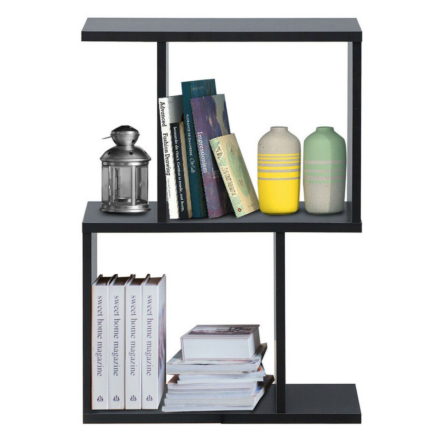 Demi Bonn 2 Tiers Wooden S-Shaped Bookcase for Living Room Bedroom Office, Freestanding Display Rack Bookshelf, Black