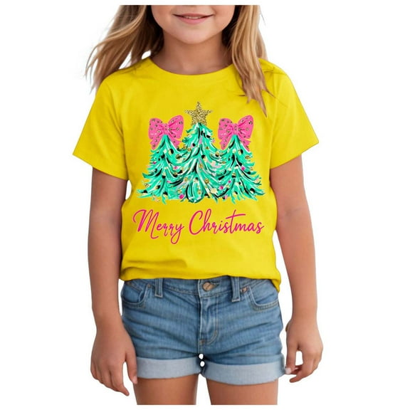 Ulanda Toddler Boy Girl Christmas Shirt Kid Xmas Tshirt Cotton Short Sleeve Tee Top (Yellow, 18-24 Months)