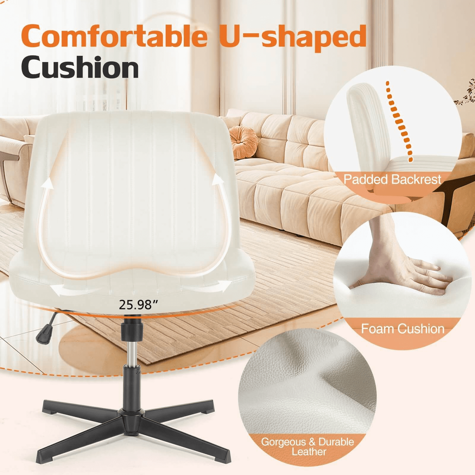 MAYEERTY Armless Criss Cross Chair Office Chair Vanity Chair for Bedroom Office，Cream