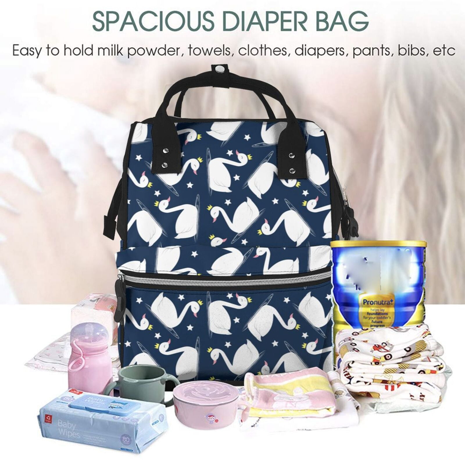 Ratiio Swan Mummy Backpack - Waterproof Twill Canvas, Large Capacity Diaper Bag with Multiple Pockets and Adjustable Straps