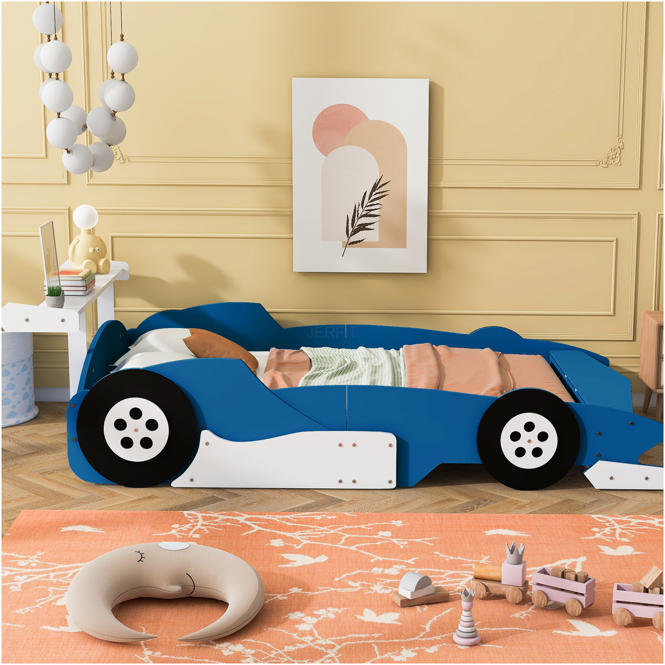 JERFIT Full Size Race Car Platform Bed with Wheels, Blue, Sturdy Plywood Frame for Modern Bedrooms