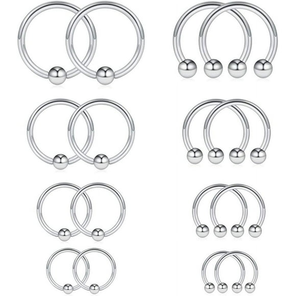 8PRS(16PCS) 14G Surgical Steel Horseshoe & Captive Bead Nose Hoop Septum Earring Eyebrow Tongue Lip Nipple Helix Tragus Piercing Rings 6-12mm