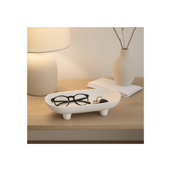 Decorative Ceramic Rounded Rectangle Bowl for Coffee Table - Minimalist Centerpiece Table Decoration or Kitchen Counter - Versatile Home Decor Accent for Candy or Key Holder Bowl - 3.5", White