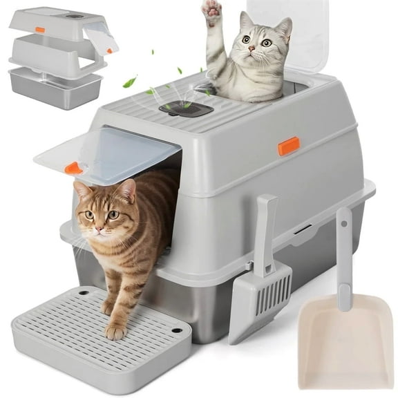 3IN1 Stainless Steel Cat Litter Box with Lid, DOMIPET XL Cat Litter Pan, Enclosed Metal Litter Box with 2x Litter Scoop & Filter Pedal, Front & Top Dual Entry