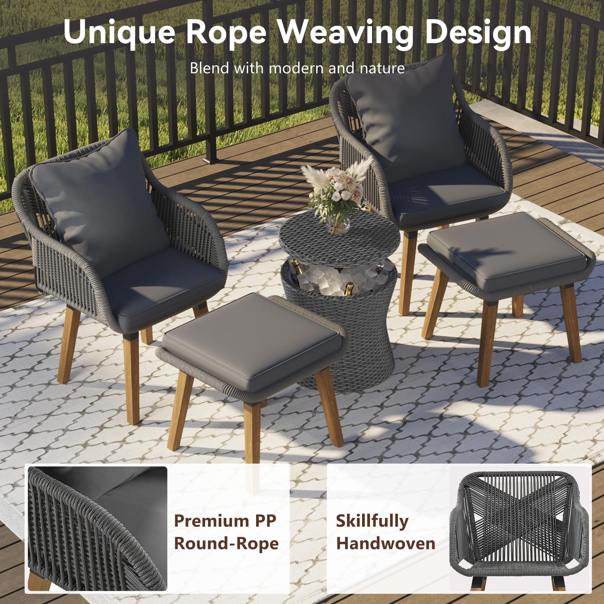 5 Piece Wicker Patio Furniture Set, Rattan Patio Chair Set with Ottoman and Wicker Cool Bar Table, Outdoor Furniture Set with Gray Seat Cushion for Garden, Backyard, Porch, Balcony, Poolside