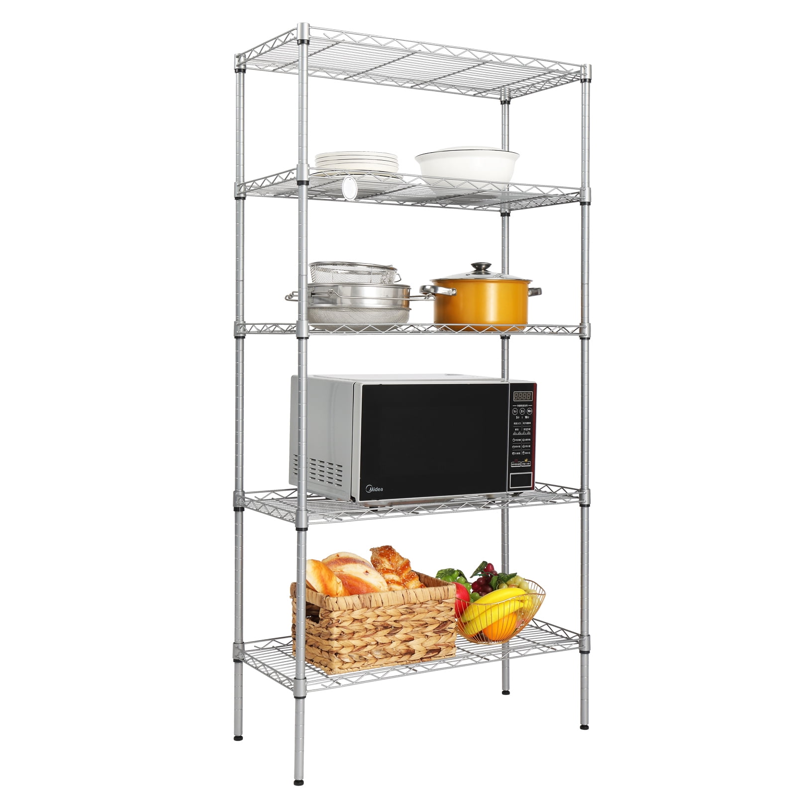 5 Shelf Storage Rack Rectangle Carbon Steel Metal Assembly, Silver Gray