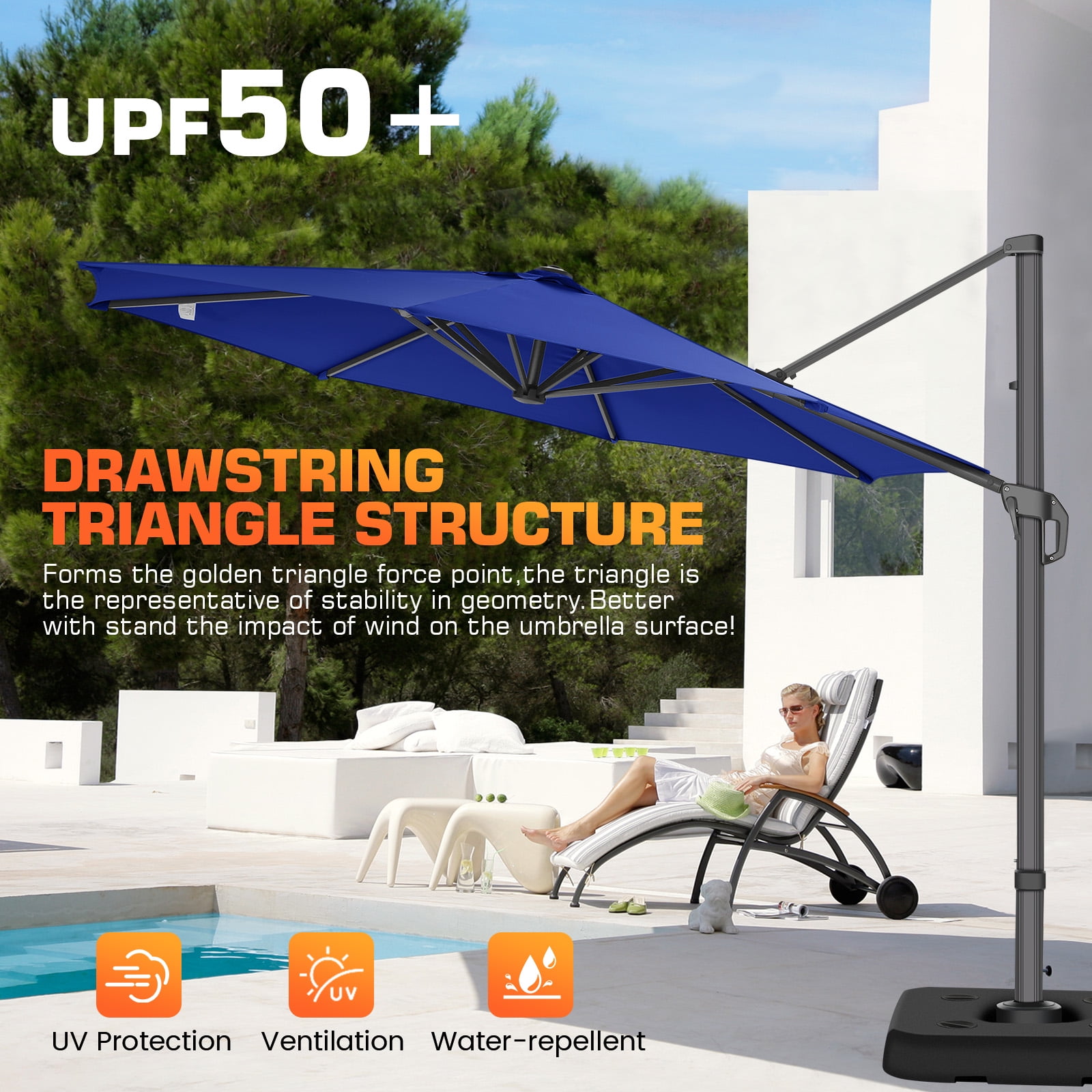 SANOPY 10ft Cantilever Patio Umbrella Outdoor Patio Umbrella, 360 Degree Rotation Steel Market Patio Umbrella with Steel Base, Crank, Tilt Button, Deep Blue