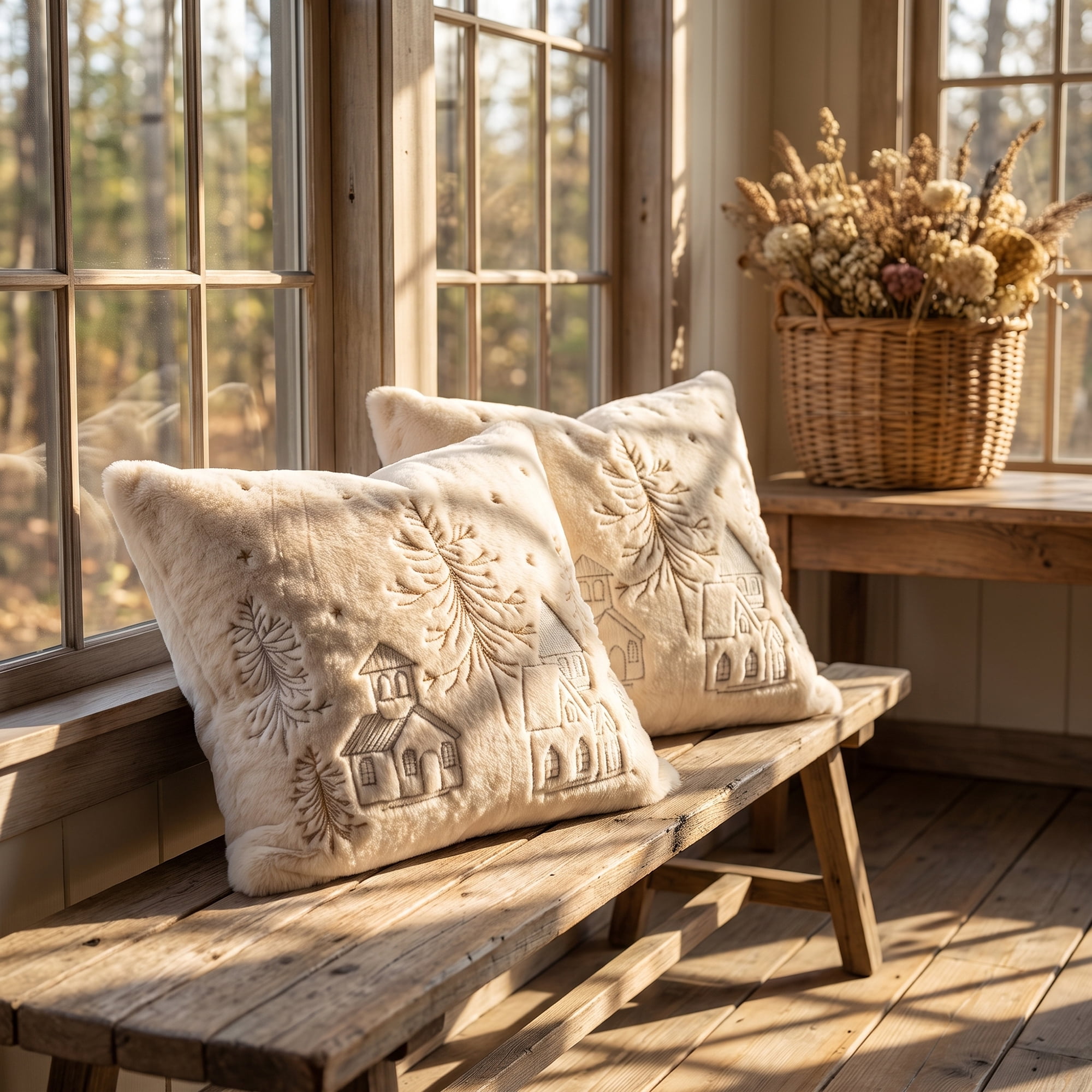 Unique Bargains Plush Embroidered Throw Pillow Cover Cushion Case Village 18"x18"