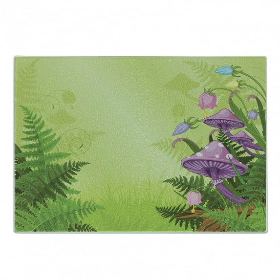 Mushroom Cutting Board, Magic Landscape with Mushrooms Flowers in the Fresh Forest Ferns Cartoon Print, Decorative Tempered Glass Cutting and Serving Board, Small Size, Green Purple, by Ambesonne