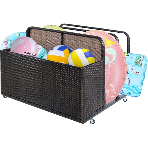 QinaQin Panier Flottant de Piscine en Rotin PE pour Extérieur, Rangement de Patio au Bord de la Piscine en Osier avec Roues pour Flotteurs, Nouilles, Gilets de Sauvetage et Ballons de Plage (Meubles de Patio)