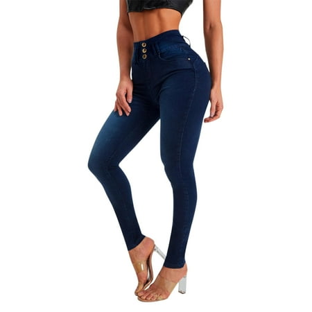 Akiihool Womens Jeans Fit Taper Shaping Jeggings High Waisted Skinny Capris Jeans Stretchy Denim Pants Blue Size L