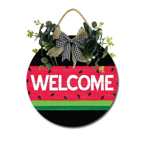 Welcome Watermelon Front Door Sign Funny Wreaths Hanging Wooden Plaque Decoration Round Rustic Wood Farmhouse Porch Decor for Home Front Door Decor, 11 x 11 Inch