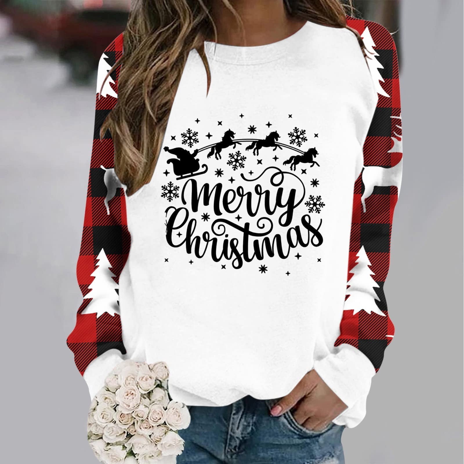 Sweatshirt for Women Crewneck Christmas Shirts Fashion Print Graphic Sweatshirt Merry Christmas Casual Pullover Tops 