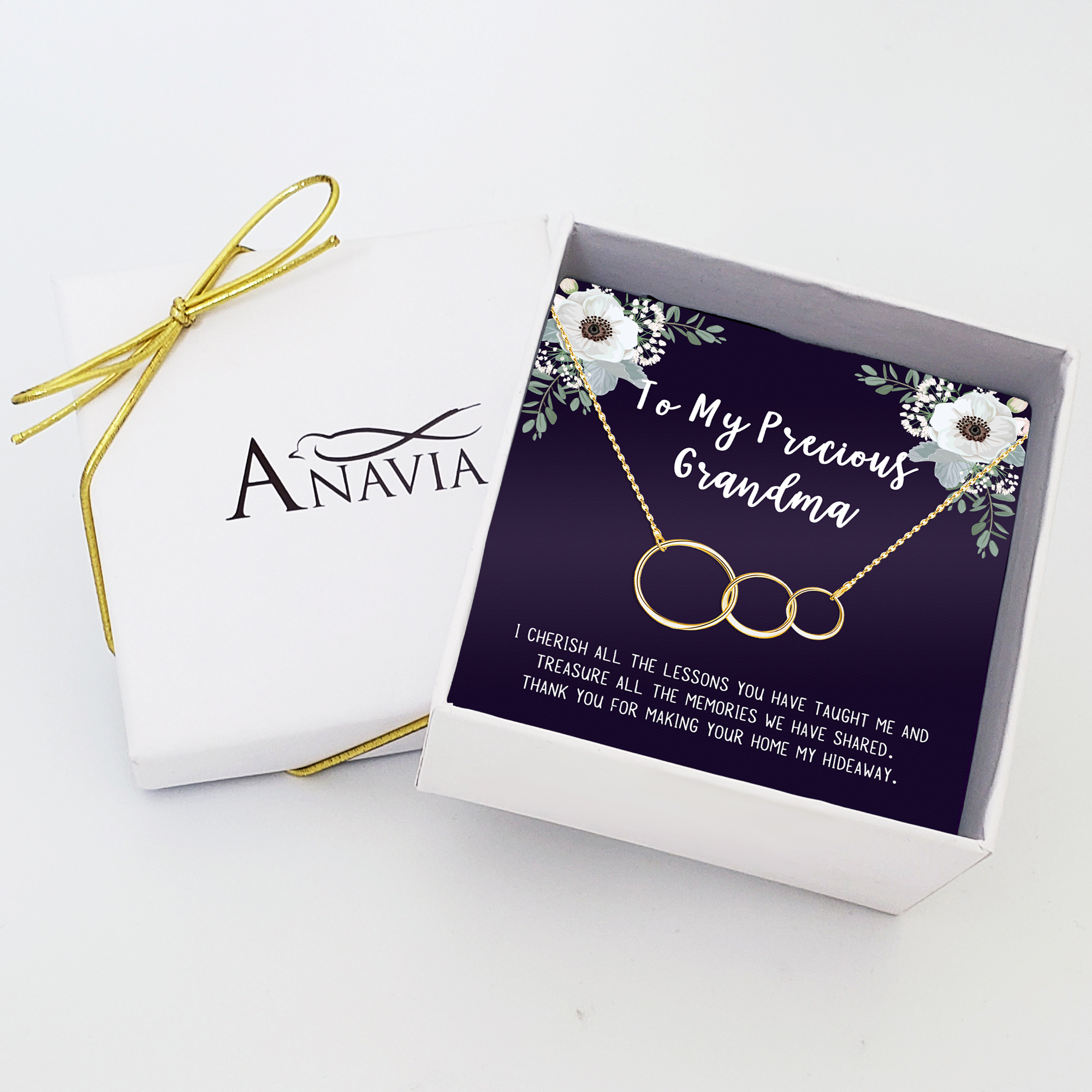 Mother's Day Gift for Grandma, Card and Necklace Gift for Grandma, Gift for Her, Jewelry Mother's Day Gift, with Gift Box and Ships Next Day! [3 Gold Rings, No-Personalized Card]