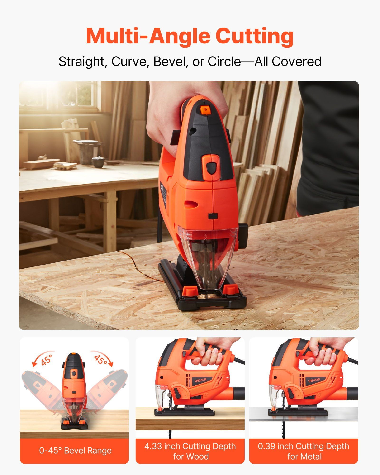6.5 Amp 3000 SPM Electric Jigsaw with 6 Blades LED Light 6 Variable Speed 0-45 Degree Bevel Cuts 4 Orbital Settings for Wood and Metal Cutting