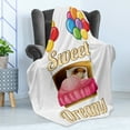 thumbnail image 4 of Saying Soft Flannel Fleece Throw Blanket, Cartoon Girl Sleeping in Bed with Colorful Balloons Night Time Illustration, Cozy Plush for Indoor and Outdoor Use, 50" x 60", Multicolor, by Ambesonne, 4 of 5