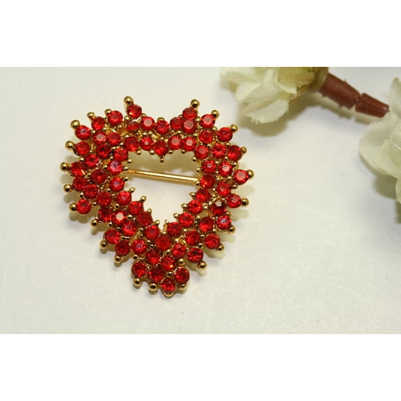 Just Love Jewels Heart Red, Rhinestone Valentine's Day Brooch Pin, Goldtone