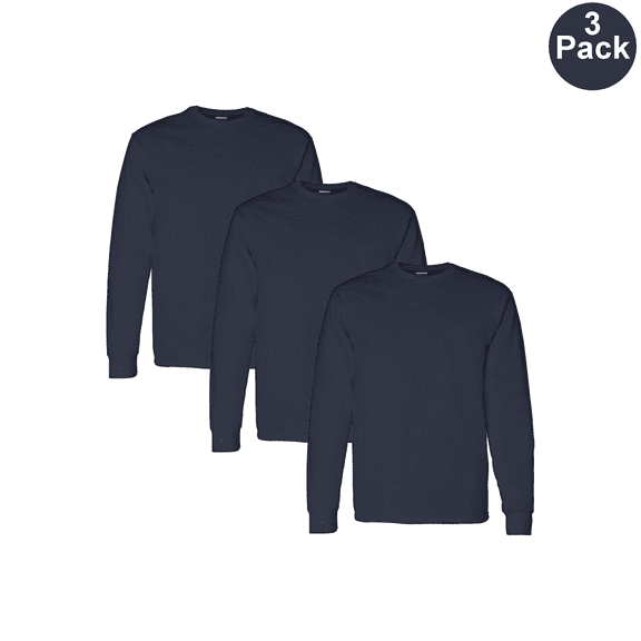 Gildan Men's Heavy Cotton T-Shirt, Long Sleeve Crew Neck Comfortable Navy Color Tee, S, 3 Pack