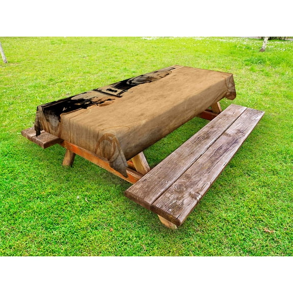 Steam Engine Outdoor Tablecloth, Antique Old Iron Train Aged Sepia Grunge Style Design Industrial Theme Artsy Print, Decorative Washable Fabric Picnic Table Cloth, 58 X 84 Inches,Brown, by Ambesonne