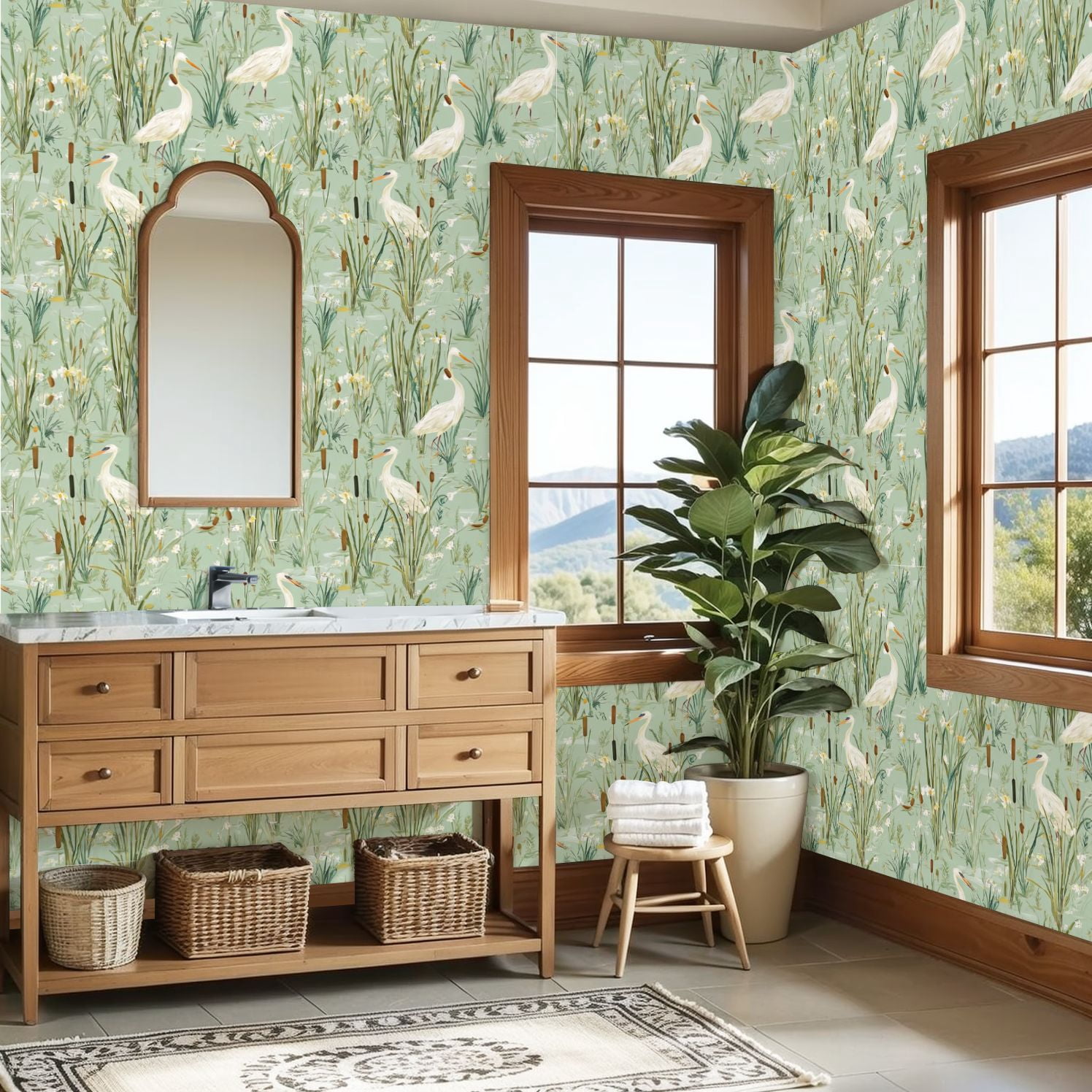 Vintage Peel and Stick Wallpaper Herons Marshland Cattails Wildflowers Green Wall Mural 23.6in x 9.8ft Self Adhesive Removable Wall Paper Renter Friendly Wallpaper for Nursery Bedroom Cabinets