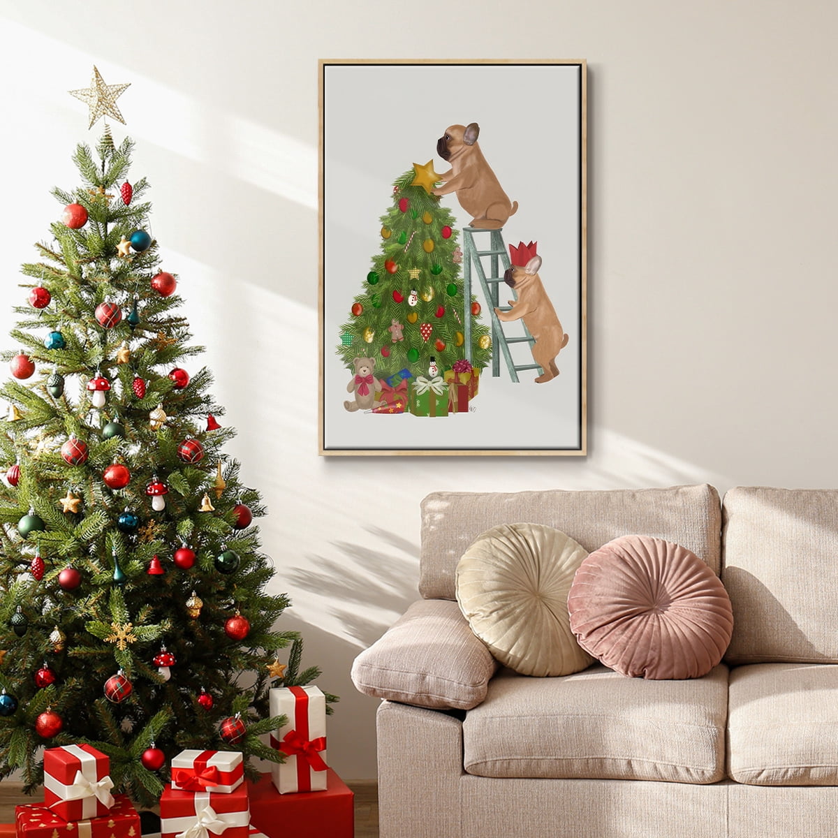 Christmas French Bulldog Tree Ladder - Framed Gallery Wrapped Holiday Canvas - 27 x 41 - Natural Wood Frame