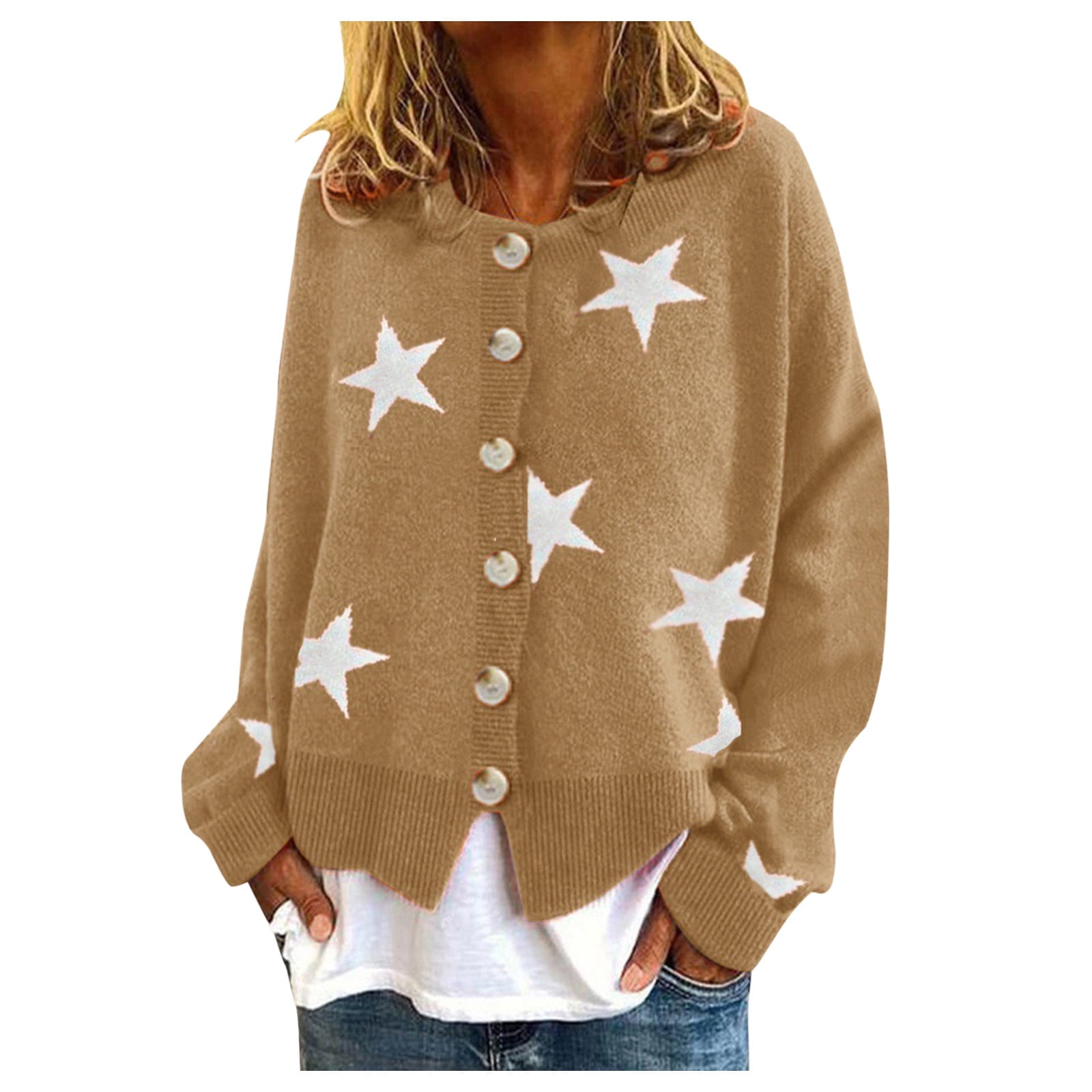 Yuehao Cardigan for Women Women Coat Cardigans Star Printing Long Sleeve O-Neck Cropped Sweater Top (Khaki), Women's, Size: 2XL, Beige