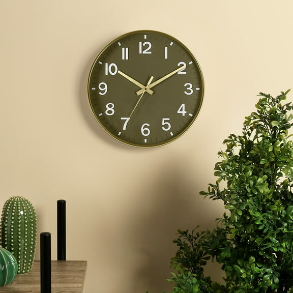 Wall Clock Battery Powered, 12 Inch Modern Wall Clock For Living Room Bedroom Kitchen Office Classroom Decor ( Olive Green & Gold )