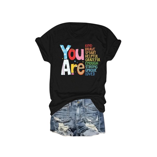Comfort Fit Women's Casual Fashion T-Shirt, Short Sleeve, Round Neck, Rainbow Lettering, Inspirational Quote Top for All Seasons