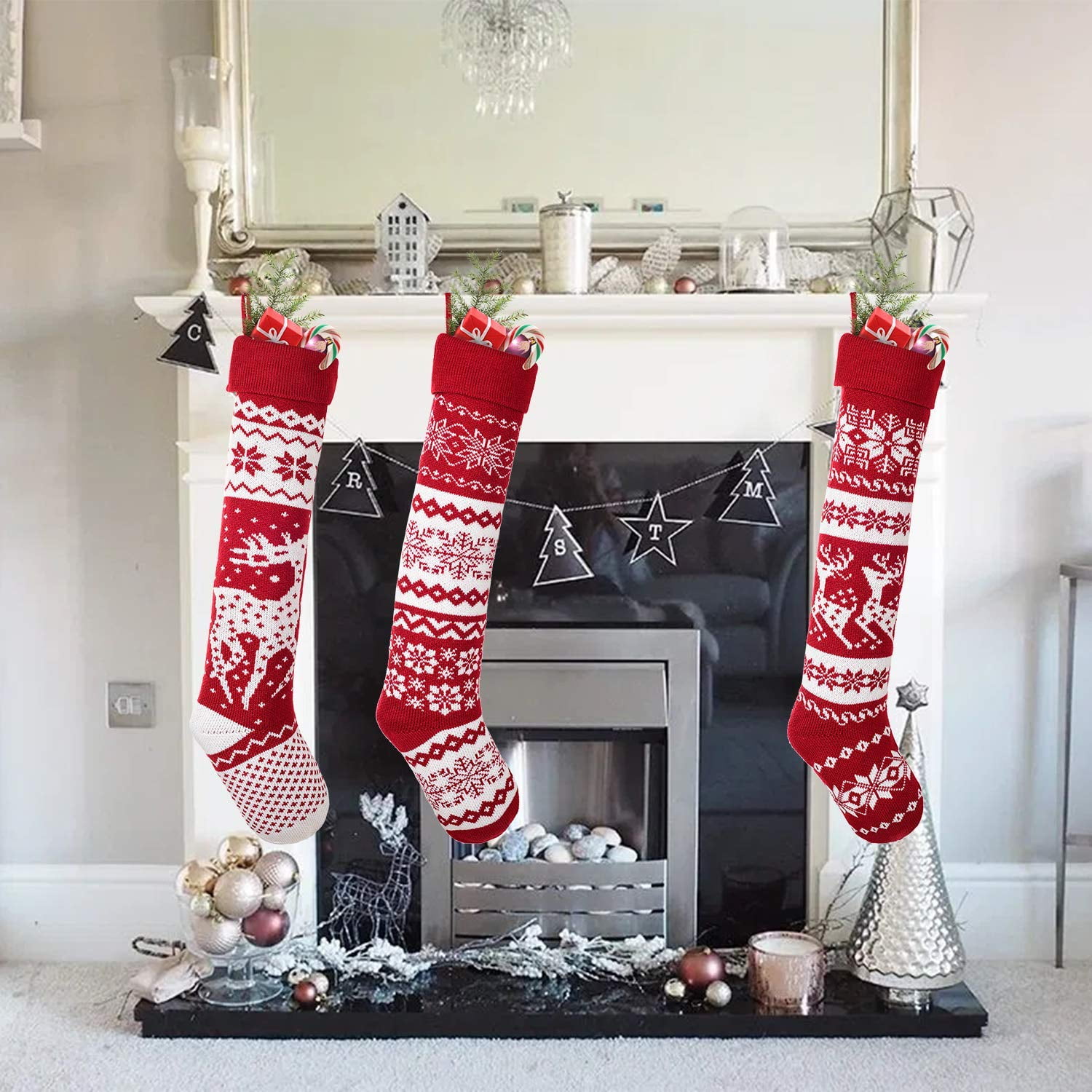  Fireplace Christmas Stockings Christmas Classic with Large  Christmas Stockings Decorations Stockings Hanging Indoor Christmas Knitted  Gifts Home Vintage Stained Glass Sun Catchers (White, One Size) : Home &  Kitchen
