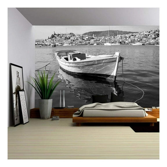 wall26 - View of Poros Island, Greece and Boat in Black and White - Removable Wall Mural | Self-Adhesive Large Wallpaper - 100x144 inches