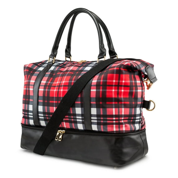 Weekender Bag Travel Duffle for Women Men Overnight Carry On Tote with Shoe Compartment and Luggage Sleeve- Red Plaid
