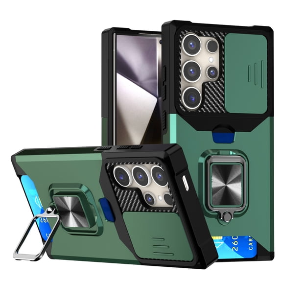 for Samsung Galaxy S26 Ultra Case with Card Holder Ring Kickstand Sliding Camera Cover S26 Ultra 5g Case Heavy Duty Protection Rugged for Samsung Galaxy S26 Ultra Phone Cover, Darkgreen