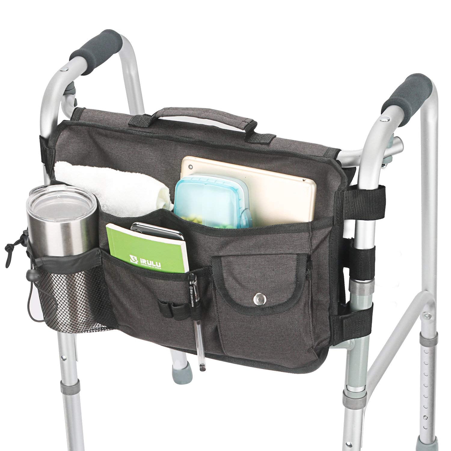 Double Sided Walker Bag, Walker Organizer Pouch Tote for Rollator and Folding Walker (black