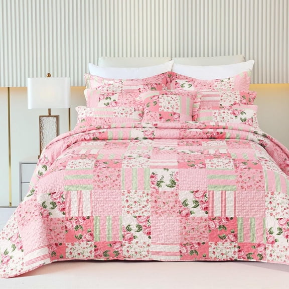 Floral Bedspread with 2 Pillow Shams-King Size,Patchwork Pink Quilt Set 3 Piece,Summer Quilt for Girls Women,Lightweight Reversible Bed Coverlet for All Seasons(King106 x96 Pink)