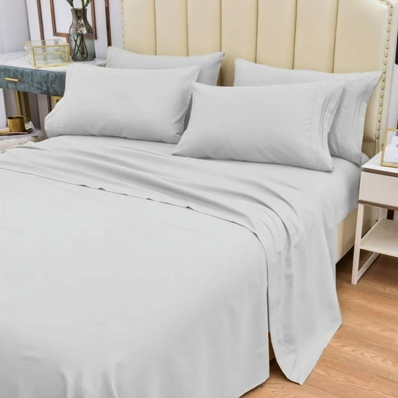 7 Piece Bamboo Sheets Set-Silky-Stronger Than Cotton Cool Sheets-Wrinkle Free-Deep Pockets 16"-Extremely Soft Bamboo Rayon Sheets-Split King,Silver