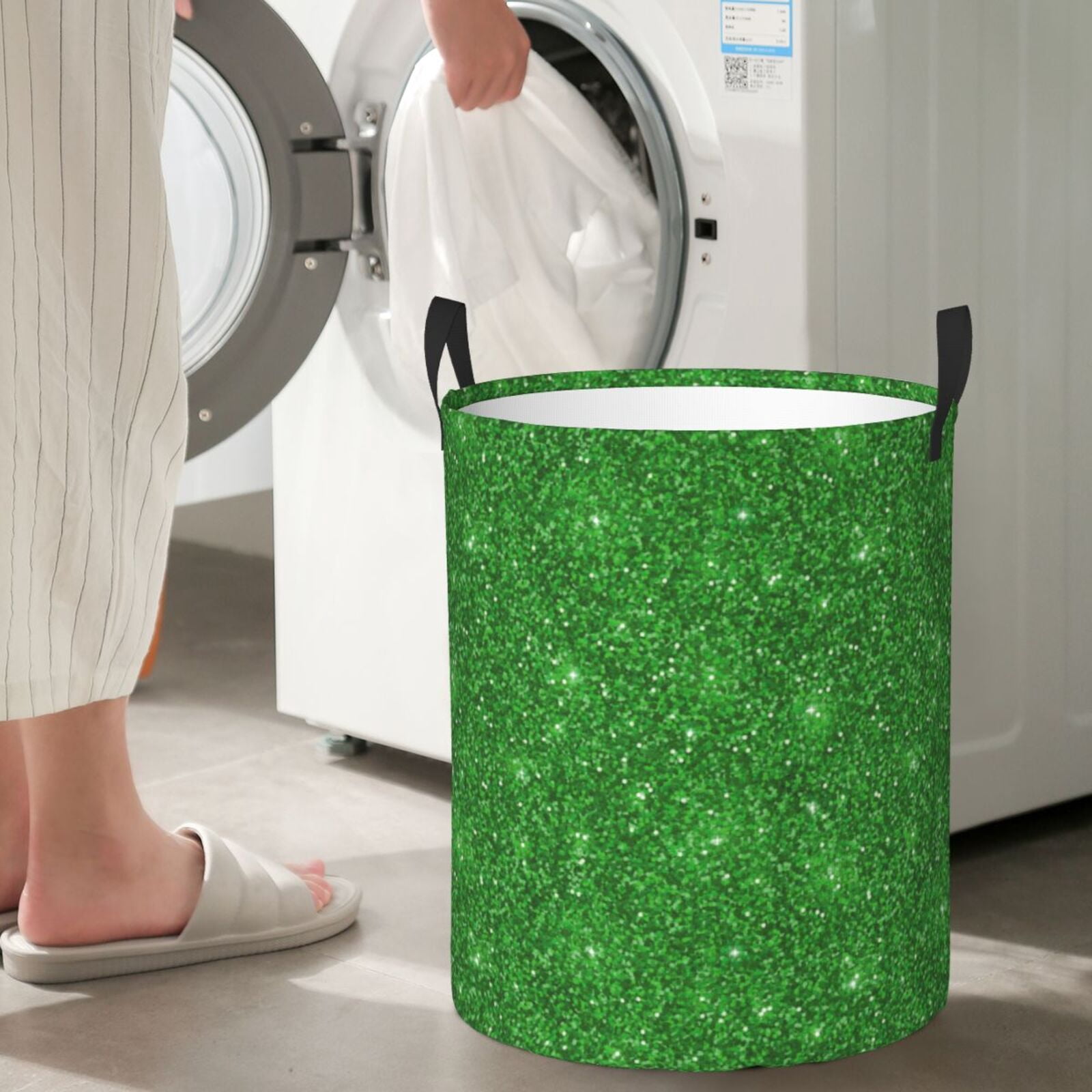 Large Laundry Basket with Handles - Green lightning Glitter B Kids Baby Dirty Clothes Laundry Hamper for Bedroom Aesthetic