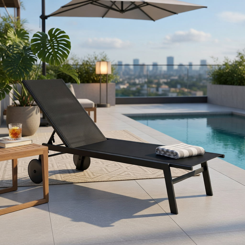 Hommoo Adjustable Patio Chaise Lounge Chair with 6-Position Backrest, Smooth-Rolling Wheels & Breathable Fabric, Metal Outdoor Recliner for Poolside, Deck & Backyard, Black