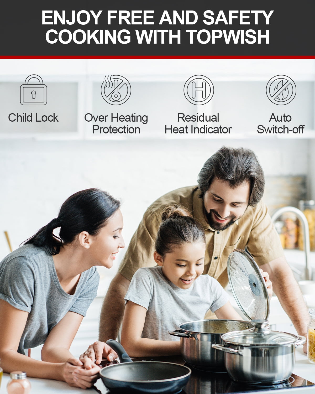 TOPWISH 24" 4-Burner Drop-In Electric Cooktop, 6000W Radiant Ceramic Stove Top, 220–240V Hard-Wired, 9 Heat Levels, Touch Control, Timer & Child Safety Lock