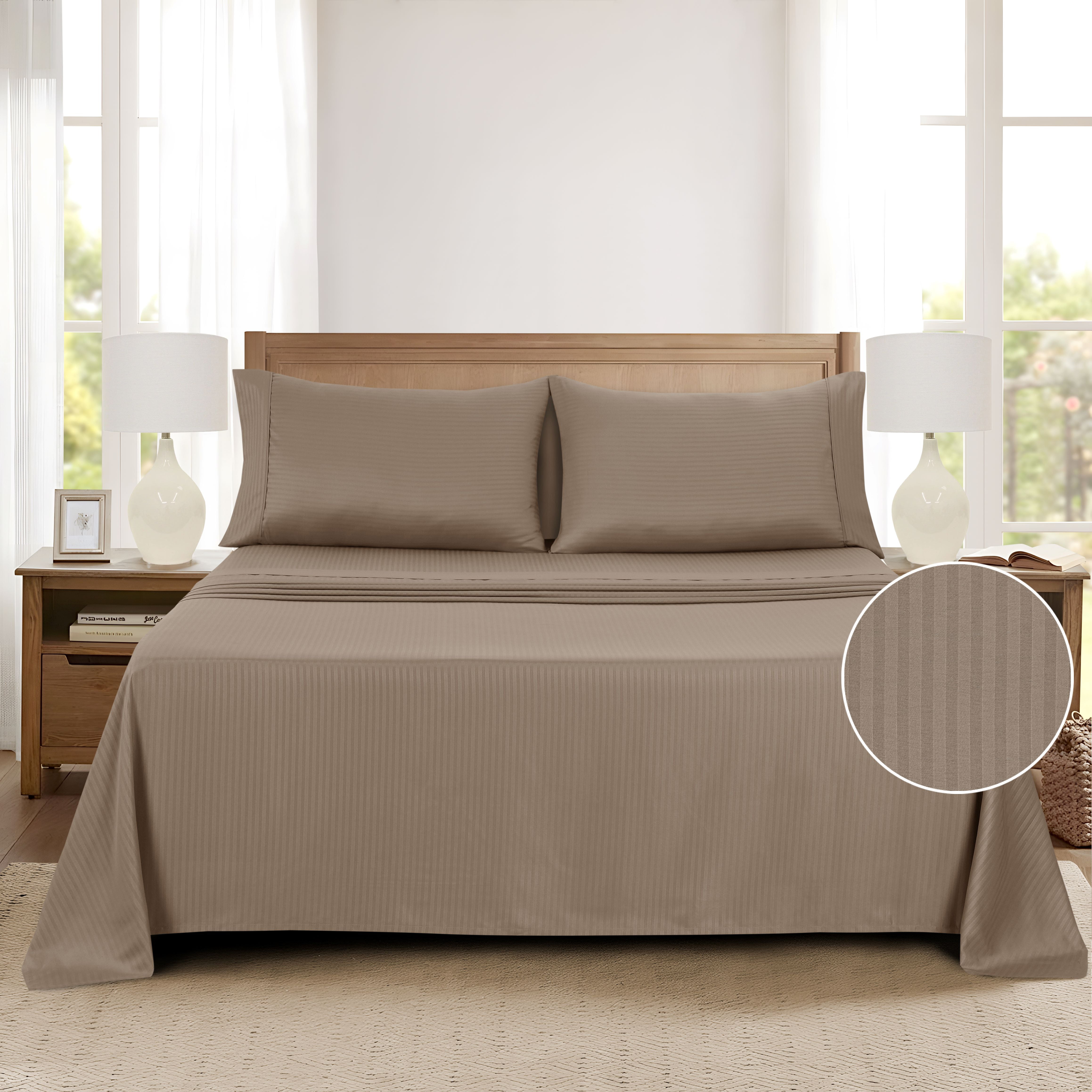Mainstays Super Soft Brushed Microfiber Bed Sheet Set, Brown Bag Embossed Stripe, Full, 4 Piece