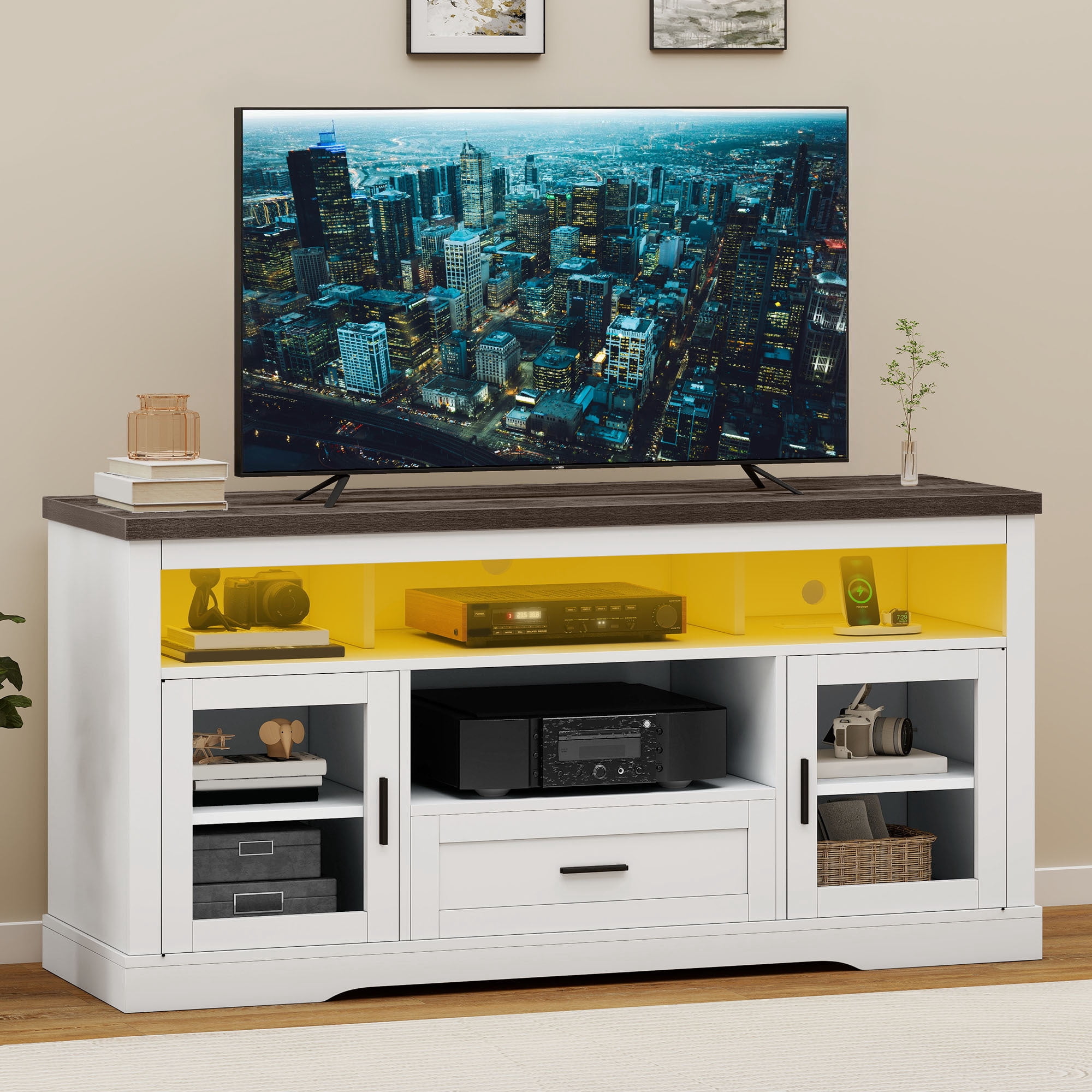 Uforic LED TV Stand for TV up to 65", Highboy Entertainment Center w/Outlets & USB Ports, Media Console Cabinet w/Glass Doors, White