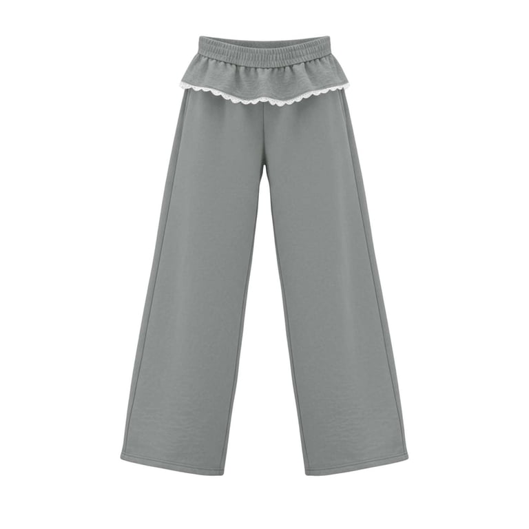 ZGRBOU Women's Lace Trim Wide Leg Pants Ruffle Elastic Waist