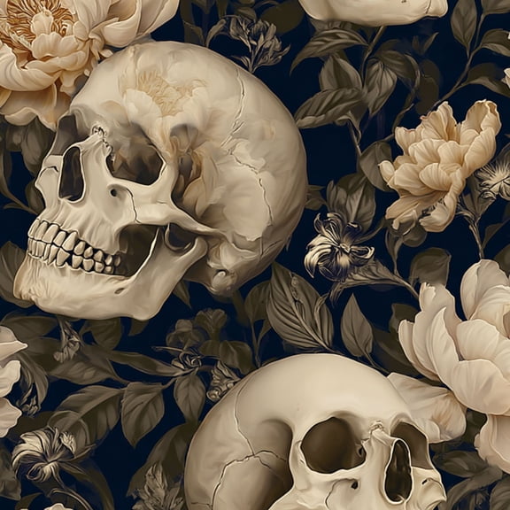 Peel and Stick Wallpaper Dark Gothic Floral Skulls Butterflies Beige Peonies Wall Mural 17.7in x 9.8ft Self Adhesive Removable Wall Paper Renter Friendly Wallpaper for Bedroom