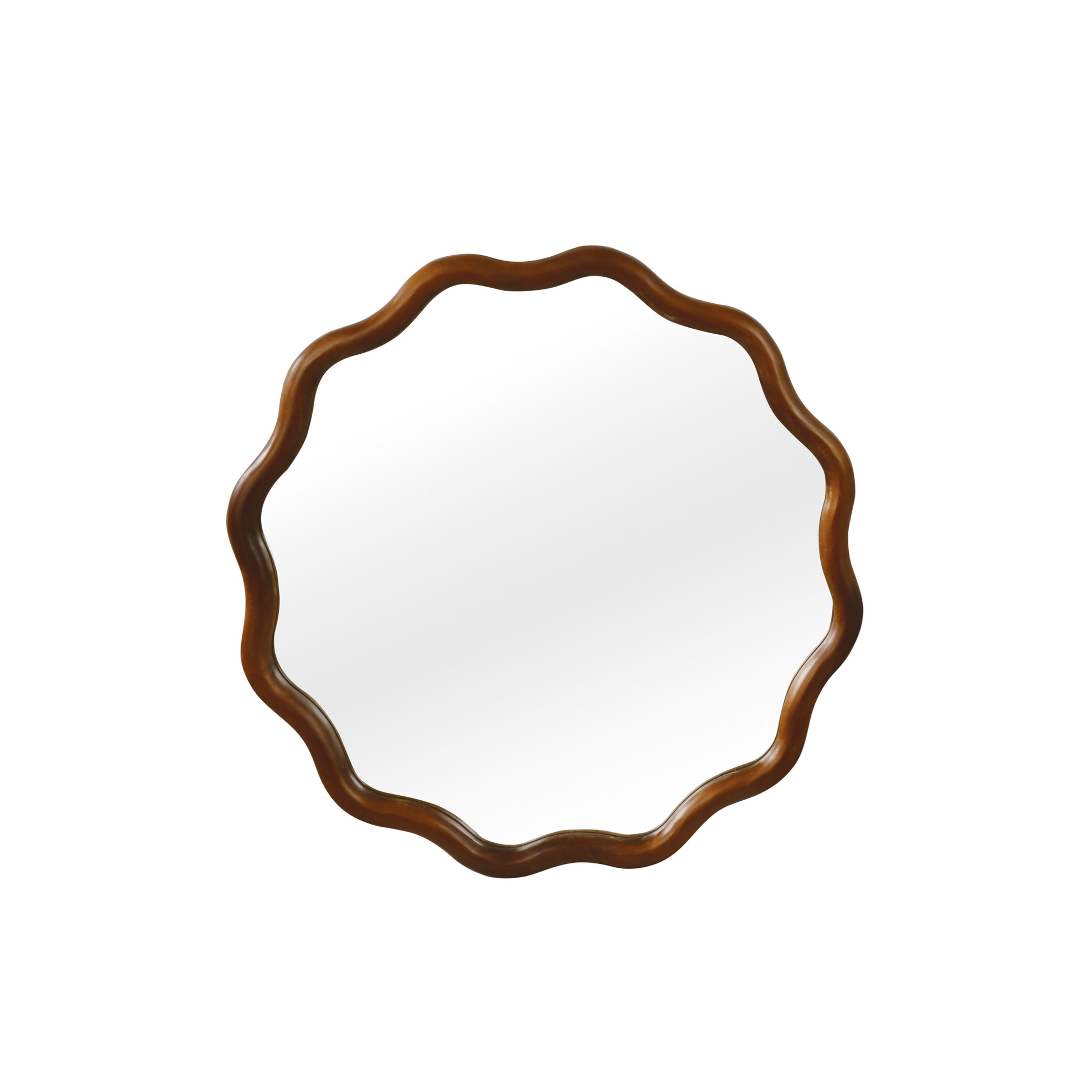 Noble House 24" Wavy Round Wall Mirror, Asymmetrical Solid Wood Decorative Accent Mirror for Entryway, Walnut