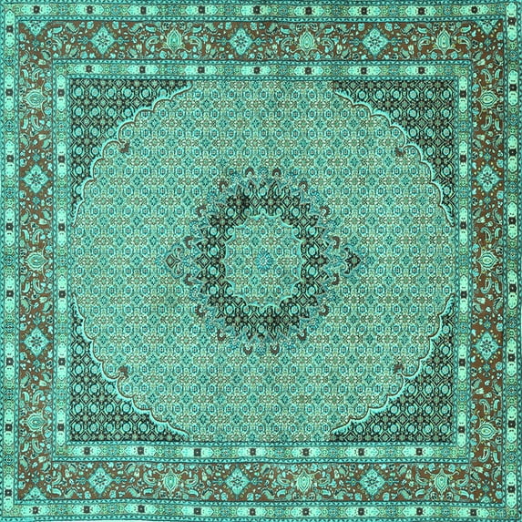 Ahgly Company Machine Washable Indoor Square Medallion Turquoise Blue Traditional Area Rugs, 8' Square