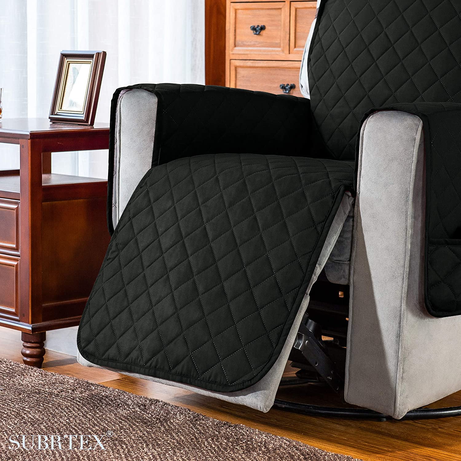 Subrtex 1-Piece Reversible Quilted Recliner Chair Cover with Elastic Adjustable Strap,Small, Black