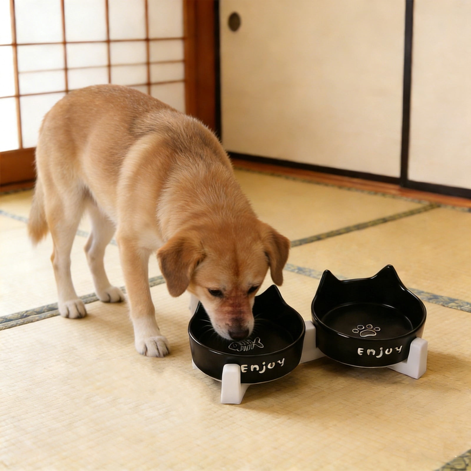 Double Bowl Shaped Ceramic Cats Dog Bowl Cats Food Bowl Water Bowl Tall Bowl To Protects The Cervical Spine Pet Food Bowl Canned Food and Treat Dishs