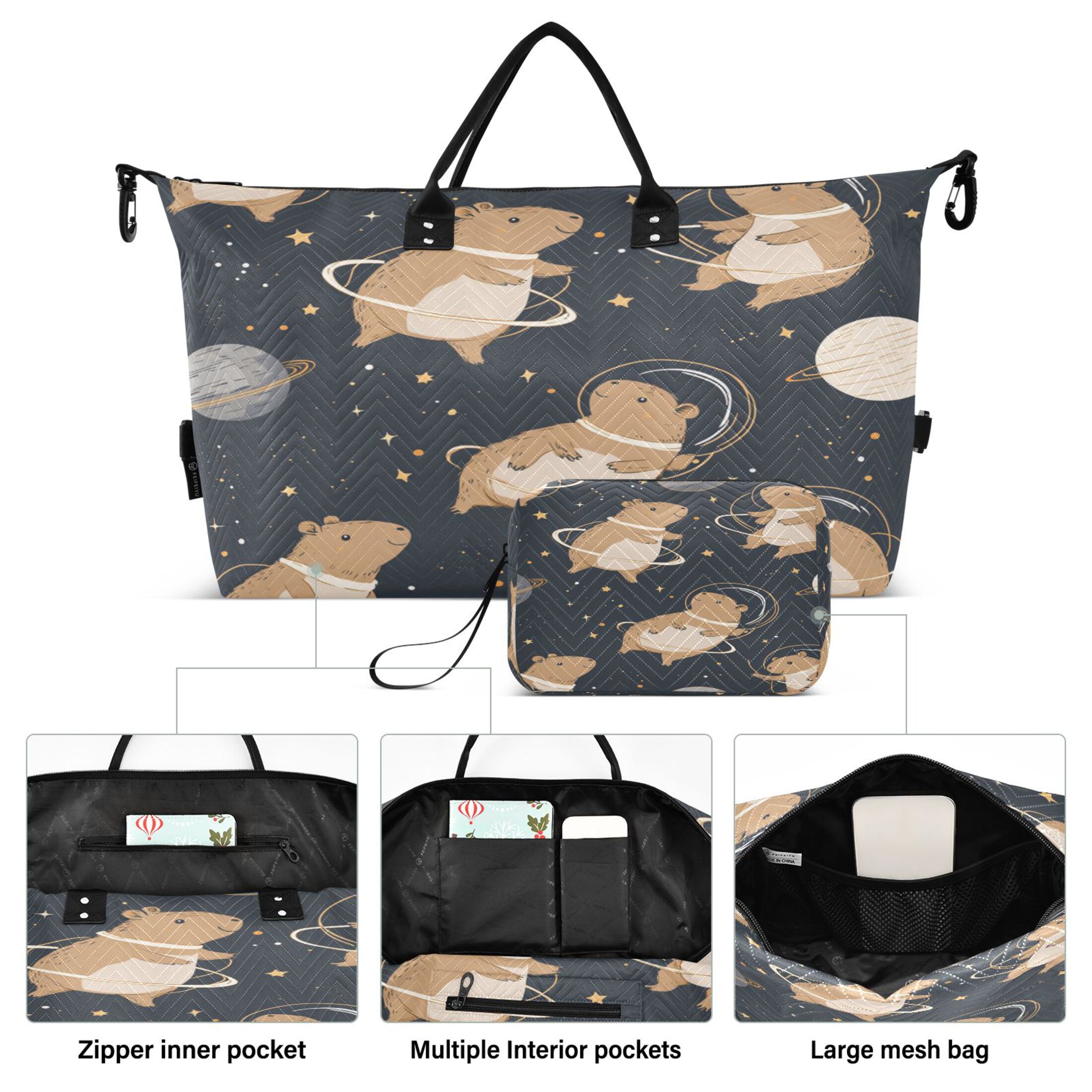 Travel Duffel Luggage Bag Sports Duffle Bag Gym Bag with Zipper Capybara Astronauts