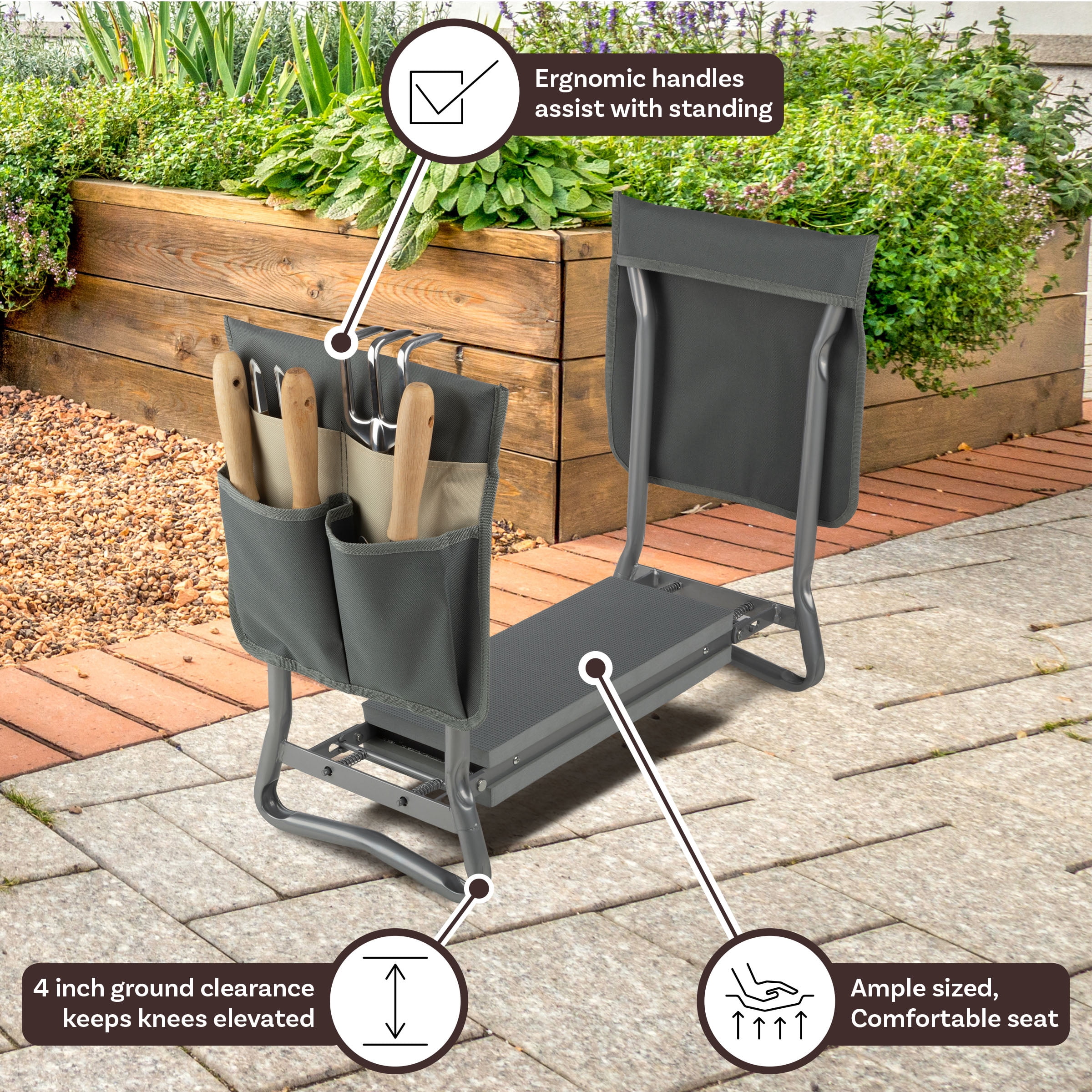 Pure Garden 2-in-1 Garden Kneeler & Stool – Folding Bench with EVA Pad & Tool Pouches, Gray/Tan